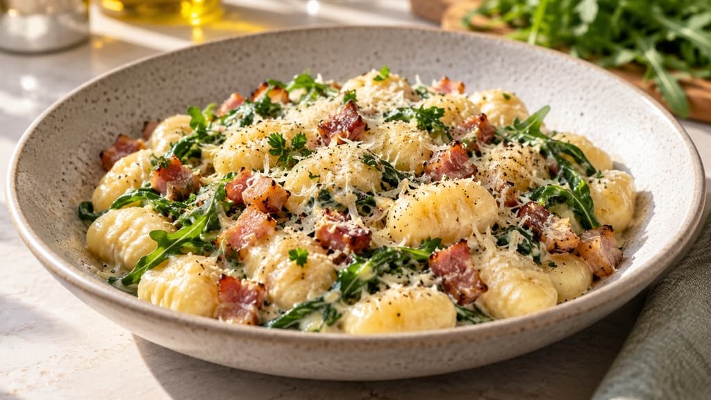 Njoki u umaku od rikule, pancete i parmezana